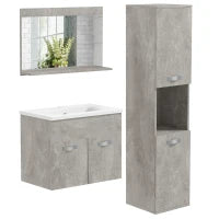 kleankin Set Mobili Bagno da 4 Pezzi con Lavabo da 60cm, Mobiletto, Colonna Bagno e Specchiera in Legno, Grigio