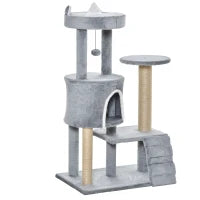 Albero Tiragraffi per Gatti con Trespolo, Casetta, Rampa e Pallina, in Legno e Peluche, 60x40x100 cm, Grigio Chiaro