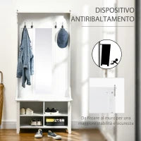 Appendiabiti Attaccapanni da Terra con Specchio Scarpiera 4 Ganci Legno 80x40x170cm Bianco