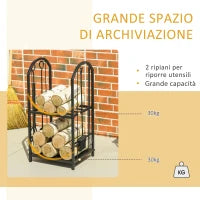 Portalegna a 2 Ripiani in Metallo con Paletta, Scopa, Attizzatoio e Pinza, 41.5x32.5x74.5 cm, Nero