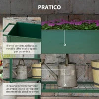 Fioriera da Esterno con Mensola Inferiore Portautensili, in Metallo, 109x44x80 cm, Verde