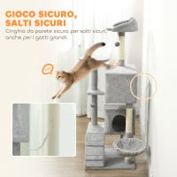 Albero Tiragraffi per Gatti con 2 Casette, Amaca, Lettino e Pali in Sisal, 48x48x160 cm, Grigio