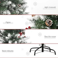 Albero di Natale Innevato Artificiale 150cm con Bacche Rosse e Pigne Bianche, Base Rimovibile Pieghevole, 408 Rami