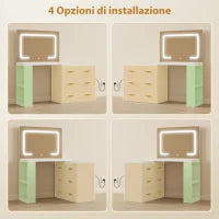 Toeletta da Camera con Specchio e Luci LED Regolabili, 6 Cassetti, 2 Ripiani e Prese Elettriche, Bianco