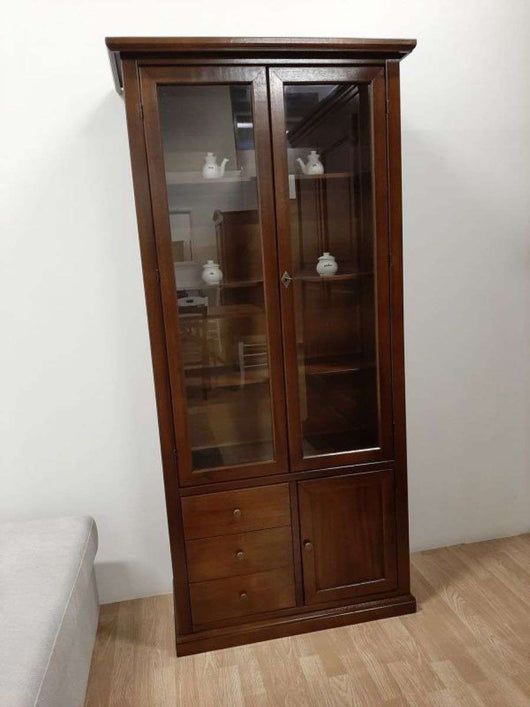 Vetrina colore noce con 3 ante 3 cassetti in stile classico in legno e mdf con rifinitura in noce lucido 90x41x186 H