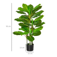Pianta Verde Artificiale da 95 cm e 33 Foglie con Vaso Nero Ø15x13 cm, in PEVA, PE e Cemento