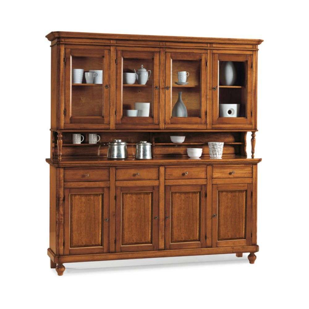 Cristalliera 8 ante 4 cassetti, in stile classico in legno e mdf con rifinitura in noce lucido 196x43x218 H