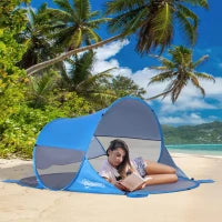 Tenda da Spiaggia Pieghevole Pop-Up Automatica con Protezione UV, Finestra Posteriore, Grande Tappeto da Terra, Azzurro