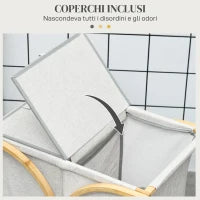 Portabiancheria a 2 Cesti con Coperchio in Bambù e Poliestere, 55x40x62 cm, Grigio e color Legno
