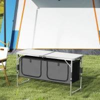 Tavolino da Campeggio Picnic con Base per Cibi e Bevande Altezza Regolabile Pieghevole Alluminio, Legno 120x47x55/62/68cm