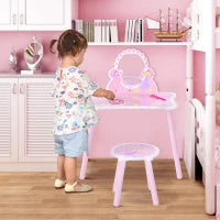 Toeletta per Bambini con Sgabello in Legno, Tavolo Trucco con Specchio Moderno e Cassetto, 59L x 39P x 77A cm, Rosa