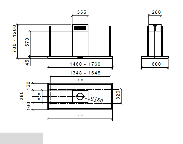 CAPPA ELEA CENTRALE cm146x60 camino centrale - Nera - 800 m3/h