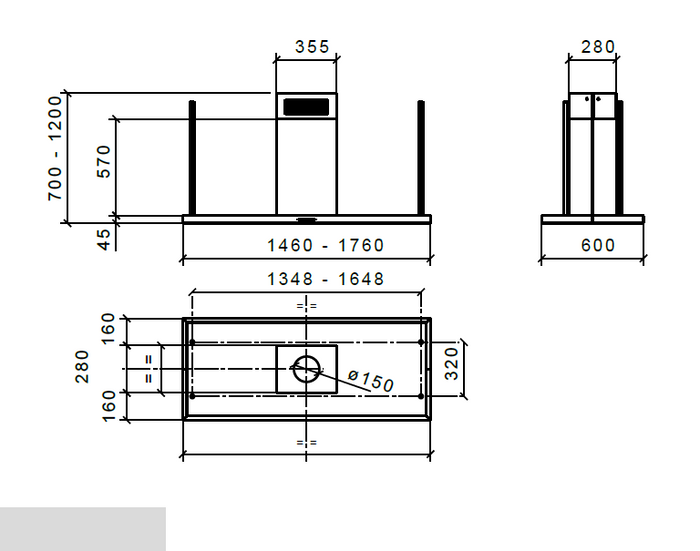 CAPPA ELEA CENTRALE cm146x60 camino centrale - Inox - 800 m3/h