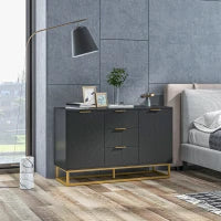 Buffet design contemporaneo graphique 2 armadi porta ripiani regolabili 3 cassetti scorrevoli in legno nero metallo dorato