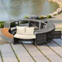 Set da giardino con divano rotondo, piedi regolabili e cuscini, per piscina, 283x283x55 cm, Grigio