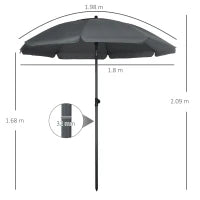 Ombrellone da Spiaggia 1.8x2  m, in Poliestere e Acciaio a 8 Stecche con Reclinazione a 45°, Grigio