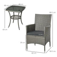 Set Giardino Esterno 3 Pezzi in Rattan PE e Acciaio, Set 2 Sedie con Cuscini Lavabili, Braccioli, Tavolino da Caffè con Piano in Vetro, Salotto da Giardino Balcone Patio Cortile, Grigio