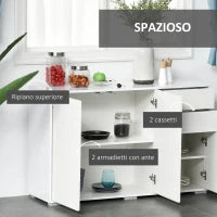 Mobiletto Multiuso in Legno Bianco con 2 Cassetti e 2 Armadietti con Apertura a Pressione, 117x36x74 cm