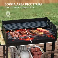 Barbecue a Carbonella ad Altezza Regolabile con 2 Griglie e 2 Ripiani, in Metallo e Legno, 113x53.5x82.5 cm, Nera