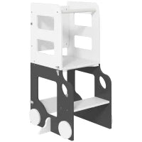 Scala Montessori 4 in 1 per Bambini con 2 Lavagne e Set Tavolo e Sedia, in Legno, 58x46x92 cm, Bianco