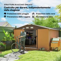 Casetta da Giardino con 2 Porte Scorrevoli e 4 Prese d'Aria in Acciaio, 340x386x200cm, Giallo