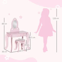 Tavolo Trucco per Bambini con Sgabello in Legno, Toeletta con Specchio e Cassetto, 60x36x88cm, Rosa