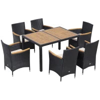 Set Tavolo e Sedie da Giardino 7 Pezzi in PE Rattan e Legno con Cuscini Morbidi, Nero