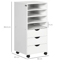 Cassettiera da Ufficio con 4 Ruote 4 Ripiani 3 Cassetti, Legno Bianco