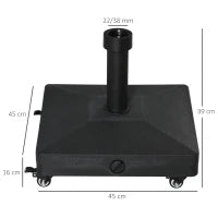 Base per Ombrellone con Ruote Riempibile fino a 20kg per Pali da Ø22-38mm, 45x45x39cm, Nero