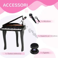 Pianoforte Elettrico Giocattolo Strumento Musicale per Bambini con 37 Tasti Microfono e Sgabello 48x39x69cm Nero