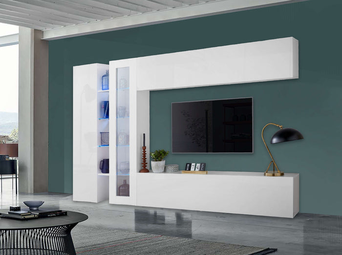Parete attrezzata bianca soggiorno mobile TV vetrina armadio Joy Duet