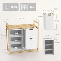 Cesto Portabiancheria con 2 Borse Estraibili, Maniglie e Ripiano in Bambù, 70x36x70 cm, Bianco