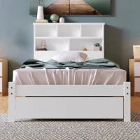 Letto Singolo con Cassetti e Rete a Doghe, Libreria, Senza Materasso, 90x200 cm, Bianco