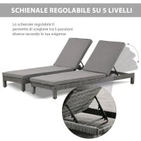Set 2 Sdraio da Giardino Cuscino Imbottito Regolabile su 6 Livelli in Rattan 196 x 65 x 22 cm, Grigio