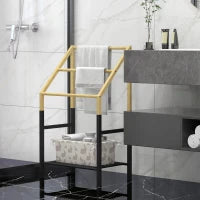 Portasciugamani a Terra con 3 Barre e Ripiano Inferiore, in Bambù e Acciaio, 51x31x85.5 cm, Nero e color Legno