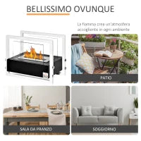 Camino a Bioetanolo Portatile, Biocamino da Tavolo o da Terra in Acciaio e Vetro, Serbatoio da 1.5L, Bianco e Nero