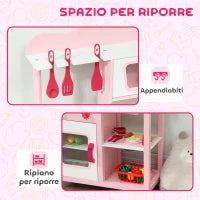 Cucina Giocattolo per Bambini 3+ Anni con Microonde, Piano Cottura e Lavandino, in Legno, 55x24x86 cm, Rosa