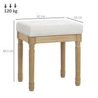 Poggiapiedi in Stile Rustico, Rivestito in Tessuto Effetto Lino con Gambe Intagliate in Legno Massiccio, Seduta Imbottita, Beige