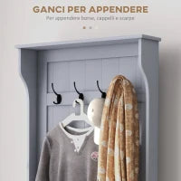 Mobile Appendiabiti 3 in 1 con 4 Ganci e Panca Contenitore, in Legno, 71.5x39.5x170 cm, Grigio