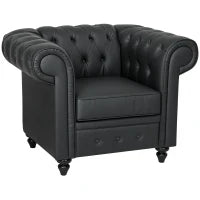 Poltrona da Salotto Stile Chesterfield in Finta Pelle PU con Gambe in Legno, Nero