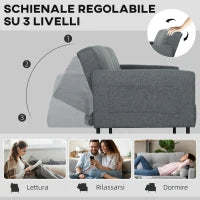 Divano Letto Clic Clac con Schienale Regolabile in Tessuto Effetto Lino, Legno e Acciaio, 200x77x72 cm, Grigio