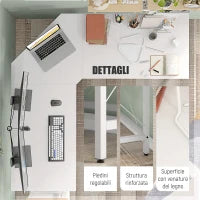 Scrivania Angolare a L con Piedini Regolabili, in Legno e Acciaio, 150x150x76 cm, Bianca