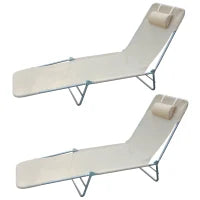 Set 2 Lettini Prendisole Pieghevoli con Schienale Reclinabile a 4 Livelli, Metallo e Tessuto a Rete, Beige