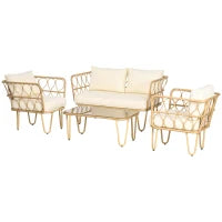 Set salotto da giardino divano 2 posti + 2 poltrone + 1 tavolino piano vetro temperato 7 cuscini crema