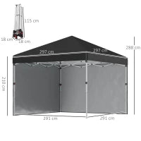 Gazebo da Giardino Pieghevole ad Altezza Regolabile con 2 Pareti e Borsa Inclusa, 297x297x288 cm, Nero
