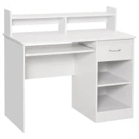 Scrivania per Computer Compatta, Scrivania PC Fisso in Legno Bianco con Ripiano Tastiera Estraibile e Mensole 104x48x95.5cm