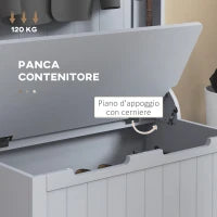 Mobile Appendiabiti 3 in 1 con 4 Ganci e Panca Contenitore, in Legno, 71.5x39.5x170 cm, Grigio