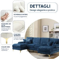 Divano componibile moderno grande in Chenille a forma di U, con Doppi Sedili Reclinabili,  Blu