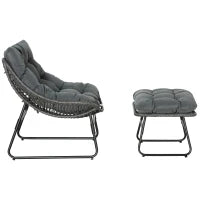 Poltrona da Relax in Rattan con Sgabello per Giardino, Poltrona in Rattan da Esterno con Cuscino, in Acciaio e Poliestere, 69 x 76 x 70 cm, Grigio