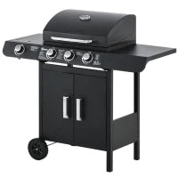 Barbecue a Gas con Coperchio, 4 Bruciatori da 11.6kW, Fornello, Mensola e 2 Ruote, 110x50x100cm Nero